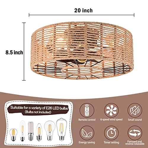 AyshwillDec Caged Ceiling Fans with Light Hemp Rope Boho Ceiling Fan Low Profile Ceiling Fan with Light and Remote Farmhouse Ceiling Fans Enclosed Fan with Lights for Bedroom Kitchen - Image 5