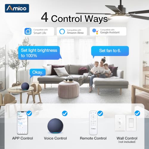 Image of Amico 52 Inch Smart Ceiling Fans with Lights, Downrod Mount, Black | Compatible with Alexa /Remote /App, Sloped, 6 Speeds, Dimmable 3CCT, Quiet Reversible DC Motor, Timer, Bedroom, Living room