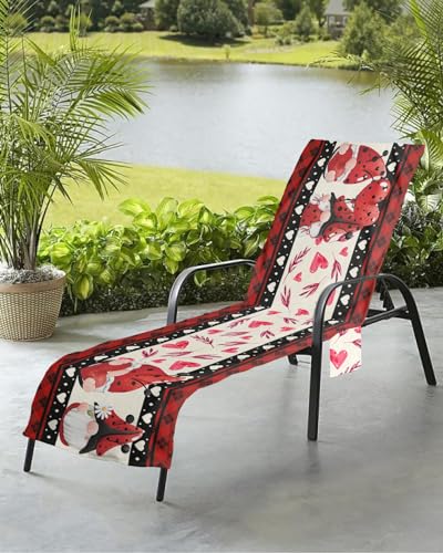 Red Plaid Gnomes Beach Chair Towel Covers for Chaise Lounge with Side Pocket, Soft Plush Pool Towels Cover for Patio Sunbathing Outdoor 29''x85'' Valentine's Day Buffalo Pliad Black