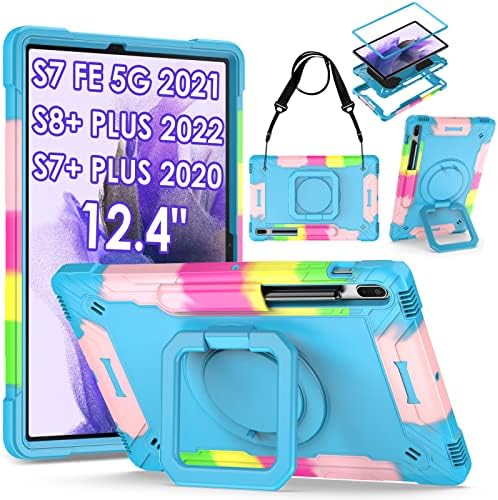 DETUOSI 360 Rotating Hybrid Case for Samsung Galaxy Tab S7 FE 5G/ S8+Plus/ S7+Plus 12.4" with S Pen Holder & Shoulder Strap, 360 Degree Swivel Kickstand Heavy Duty Hybrid Bumper Protective Kids Cover