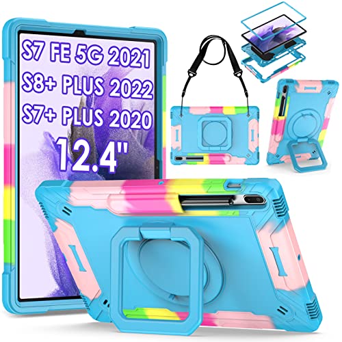 Detuosi 360 Rotating Hybrid Case For Samsung Galaxy Tab S7 Fe 5G/ S8+Plus/ S7+Plus 12.4" With S Pen Holder & Shoulder Strap, 360 Degree Swivel Kickstand Heavy Duty Hybrid Bumper Protective Kids Cover #TOP21