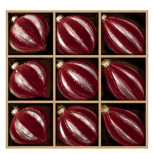 DN DECONATION Weihnachtskugeln Set, 9-teilig - Samtige Christbaumkugeln in Rot mit Matter Glas-Optik, Flocked Velvet Weihnachtsbaumschmuck Kugeln für Tannenbaum, Kranz & Vintage Deko