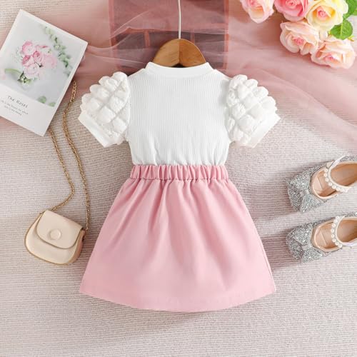 Image of 2-7Y Toddler Girl Skirt Set Kid 2Pcs Outfits Puff Short Sleeve Top Pleated Skirt with Bowknot Spring Summer Clothes