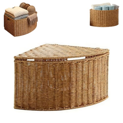 Cestas de esquina de almacenamiento triangular, cajas de almacenamiento de mimbre con tapas, caja de armario vintage, para baño, cocina, tocador, encimera, mesa, dormitorio, tela 30*21cm