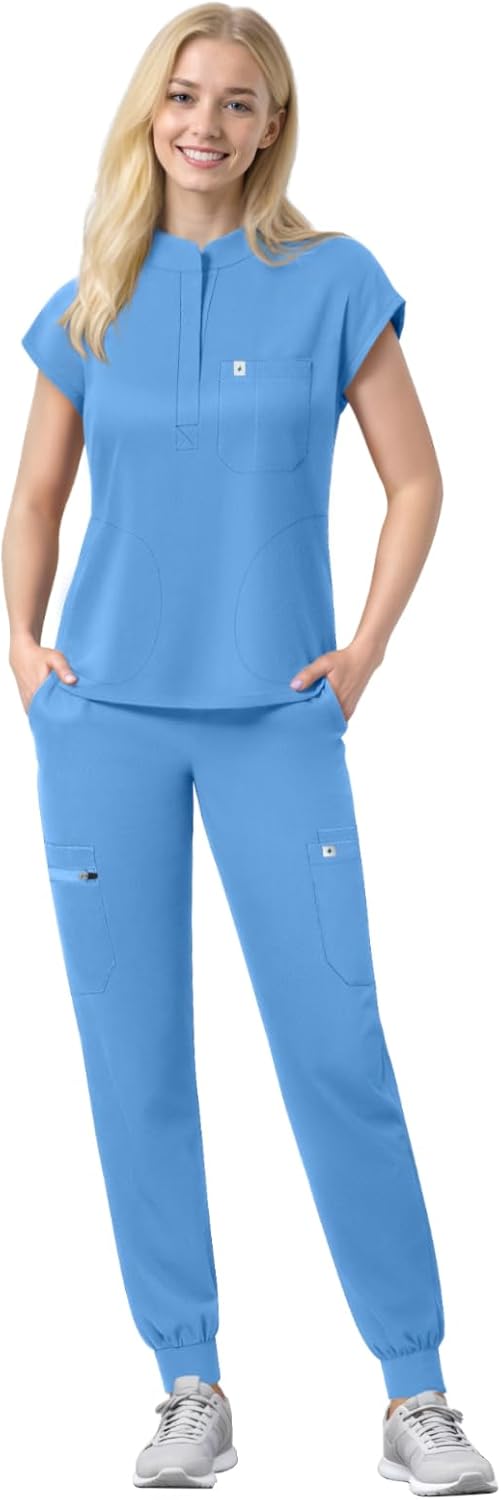Scrubs Set for Women Medical Uniform Nurse Suit, Anti-Wrinkle Scrub Top Jogger Pant&11 Pockets,4 Way Stretch Workwear