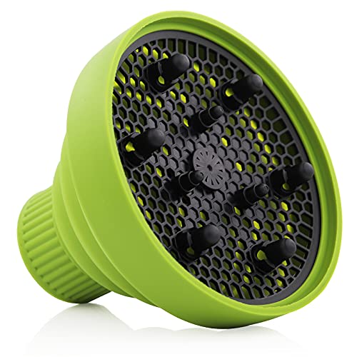 Collapsible Hair Diffuser, Kimqi Silicone Hair Diffuser Attachment, Portable Travel Folding Diffuser, Fits Blow Dryers 1.5-2in Nozzle, Green