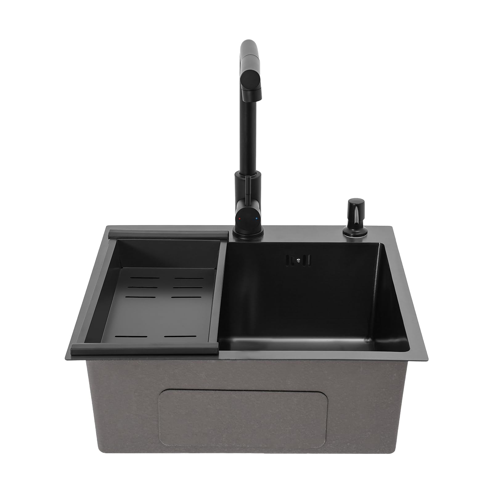 Lavello nero 50 x 45 cm, 1 vasca, lavello da cucina in acciaio inox, rettangolare, lavabo da incasso, piccolo lavello in acciaio inox con rubinetto estraibile, scolapiatti, dispenser di sapone