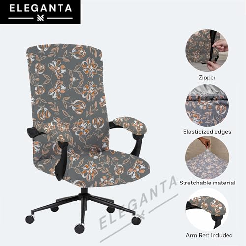 Image of Eleganta Stretchable Elastic Boss Office Chair Cover with Handle Covers, Polyester Spandex, Grey Flower (Pack of 1)