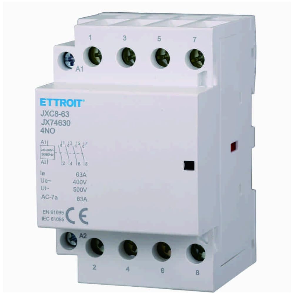 230 V 63 A, 4 NO, 4 POLITY, KONTAKTOR, TELERUTOR, 3 MODUŁY, MONTAŻ NA Szynie DIN, 4 NORMALNIE OTWARTE styki, cewka 220 V 240 V AC