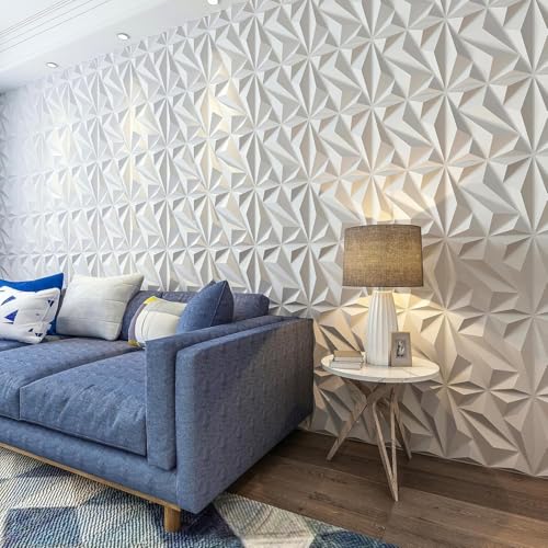 Image of Kayra Decor 3D PVC Wall Panels - Diamond Design, White Color 19.7 inch x 19.7 inch (Pack of 3) - Covers 8.07 Sq. Ft.