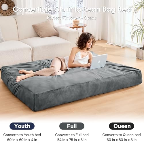 Bean Bag Chairs for Adults - Giant Bean Bag Chair Convertible Bean Bag Bed - Beanbag Chair with Micro Fiber Cover/Furniture Foam Filler - Floor Couch Sofa in Bedroom Dorm Room - Queen Charcoal