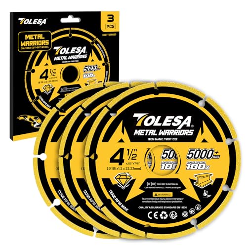 TOLESA Diamond Metal Cutting Discs 115 x 22.23mm, Cut Off Wheel with 5000+ Cuts on Rebar, Steel, Iron and INOX, 3 PCS