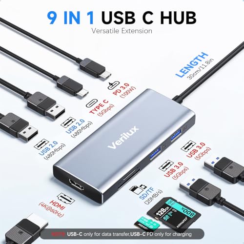 Image of Verilux USB C Hub 9 in 1 USB C Hub 4K@60Hz HDMI Converter USB C SD /TF Card Reader Travel USB C Hub Support 100W PD Fast Charging & 5 Gbps Data Transmisson Universal USB C Hub for PC, Laptop, PS