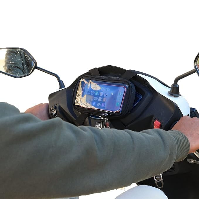 Image of Universal Mobile Holder /Stand /Mount Pouch for Hero Electric Scooter | Waterproof Handlebar Phone Holder Bag | Fits up to 7 Inch Mobile | Bike & Scooty Mobile Mount Case | Black