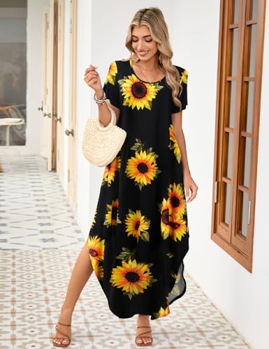 Image of JollieLovin Womens Plus Size Casual Summer Maxi Long Dress Short Sleeve T-Shirt Loose Sun Dress(L-5X)