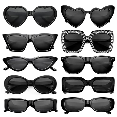 Geopty Black Sunglasses Bulk, 10 Pack Retro Black Heart Irregular Rectangle Sunglasses for Women Men Bachelorette Party Glasses Set