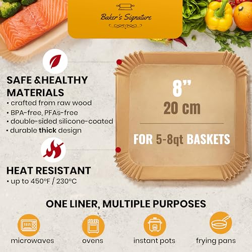 Air Fryer Paper Liners, 125Pcs Air Fryer Disposable Liners, Non-Stick and Oil Proof for Easy Cleanup, 8” Square for 5-8 qt Basket by Baker's Signature image 4