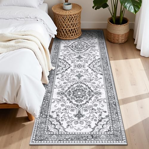 Evita resbalones con la alfombra pasillo larga lavable floral gris de 200cm 7