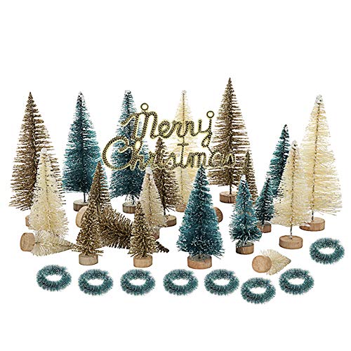 SYLOTS 33Pcs Mini Sisal Snow Frost Trees Bottle Brush Trees with Christmas Wreaths Snow Ornaments Tabletop Trees for Christmas Table Decorations, DIY Room DÃ©cor
