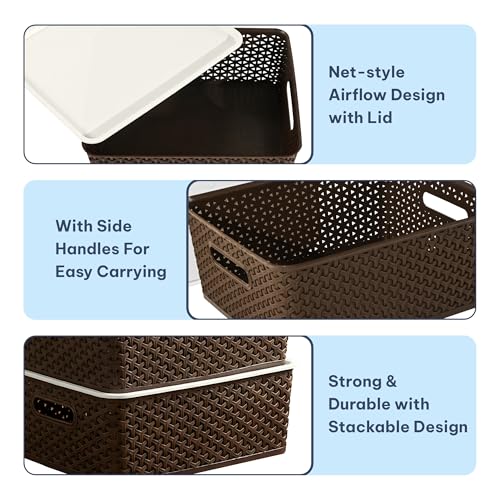 Image of Kuber Industries 3 Pcs Plastic Large Solitaire Storage Basket with Lid & Handle | Multipurpose Storage Rectangular Box for Cloths Toys & Books | H5 - Brown & White