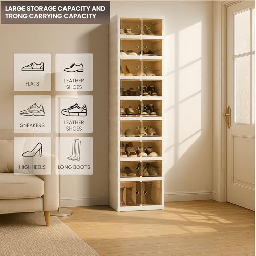 Image of Foldable Shoe Organizer Storage Box, Portable Extra Large Folding Shoe Rack for Closet, Shoe Storage Box with Magnetic Transparent Door and Wheels, 9 Layers 18 Grids with 2 Big Grids