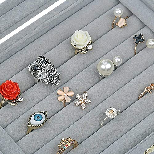 Image of BucketList Women's Velvet Glass Ring Earrings Jewelry Box - Display Storage Showcase Holder Organizer (7 Slot Jewellery Box Grey)