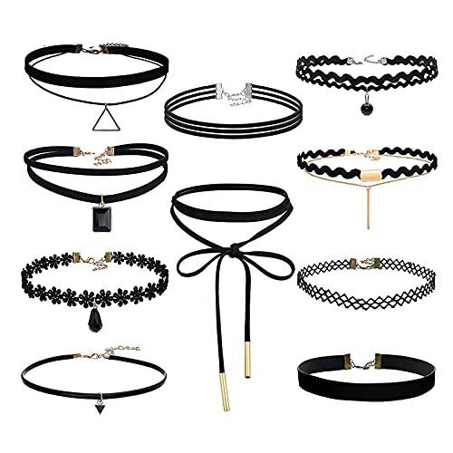 AWOCAN 10PCS Black Velvet Choker Necklaces Set Adjustable Lace Tattoo Choker Set Stretch Necklace for Women Girls