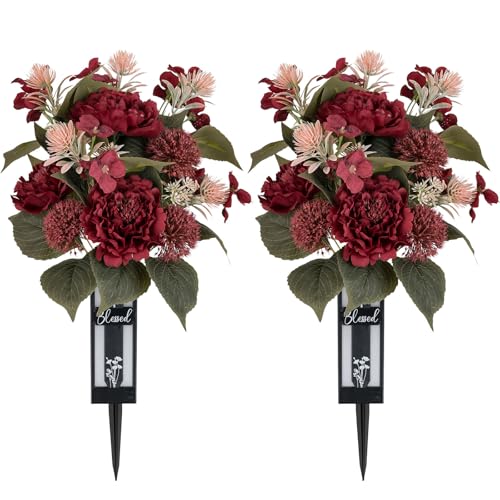 Red Christmas Flowers for Cemetery: 2 Pcs Peony Grave Flower Bouquets for Cemetery Decorations - Outdoor Gravesite Flowers with Vase image 4