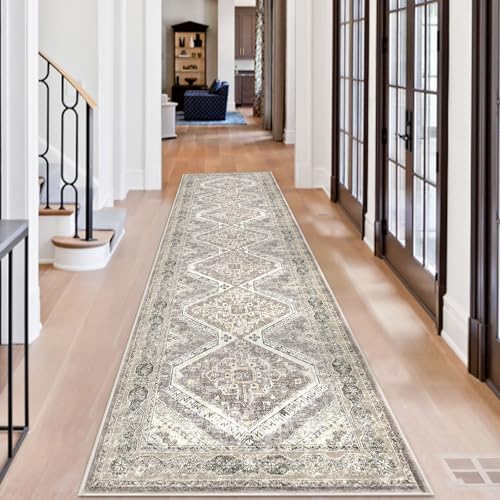 KUTA Oriental Kitchen Runner Rug, 2.6x10 Vintage Ivory Grey Yellow Washable Hallway Rugs Non-Slip Ultra Soft Printed Distressed Tribal Floor Carpet for Bedroom Entryway Living Room