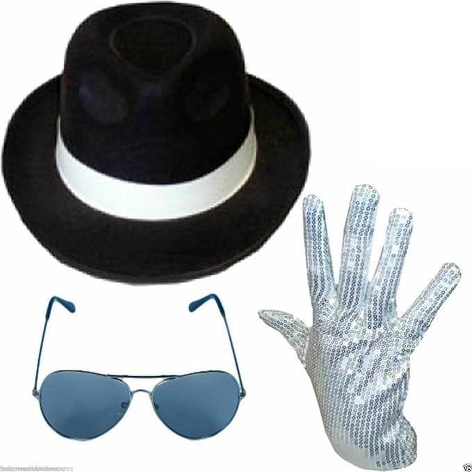 Jackson Hat Sequin Glove Sunglasses & Bow Tie Set Pop Star & Gangster Cosplay Fancy Dress Party Costume Accessories (Black 3pcs Set)