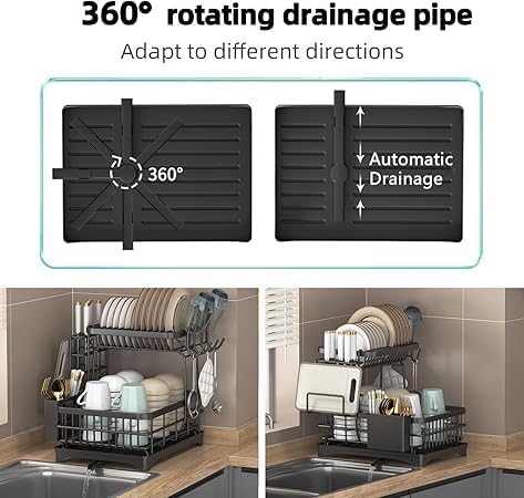 Image of Dish Drying Rack,2-Tier Extendabl Dish Drainer Rack with Drip Tray for Kitchen Counter,Metal Dish Drainer with Cutlery Holder,Drainboard,Cup,Chopping Board Holder,Space-Saving Dish Organizer