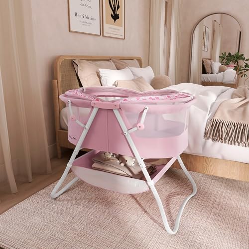 Image of Dream On Me Karley Portable Newborn Bassinet with Double Mesh Canopy, Foldable Travel Bassinet with Storage Basket, Lightweight, Indoor Outdoor Use, Rose
