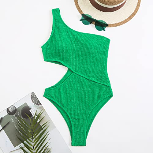 Inadays Women's One Piece Swimsuit One-Shoulder Swimwear Waist Cutout Swimsuit Green #TOP2