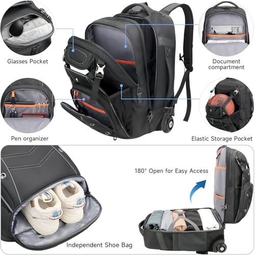 2-in-1 Large Rolling Laptop Backpack for Women Men, 50L Backpack with Wheels, USB Charging Port, TSA Lock & Shoe Compartment Carry On Luggage for Travel, College, Sports, Gym, Weekend Trip - Image 3