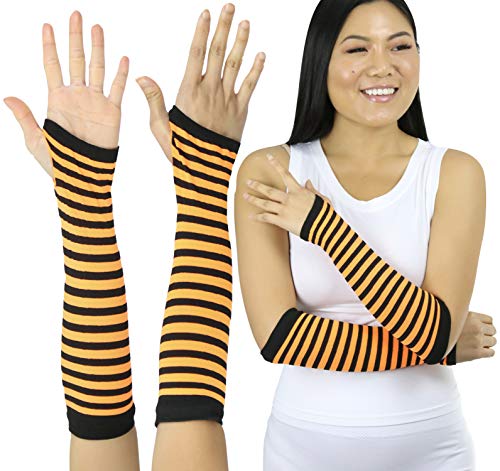 ToBeInStyle Women's Striped 100% Nylon Arm Length Warmers - Black With Orange Stripes