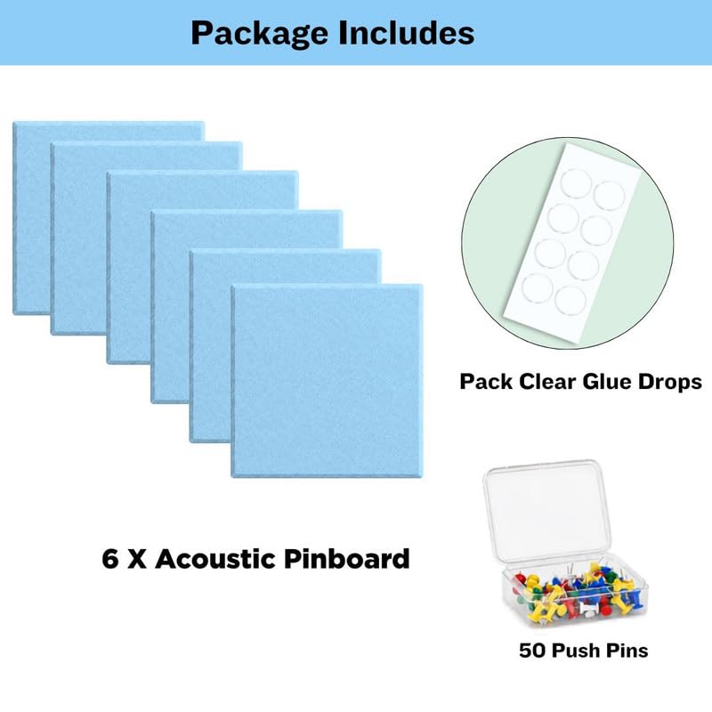 Image of QUIET CANVAS Acoustic Wall Square Pinboard, 1x1ft, Pack 6, 50PushPins Blue
