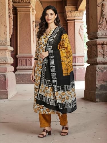 Image of Eddika women unstitched hand block printed cotton suit set with mulmul dupatta ehbpcswmd0120P