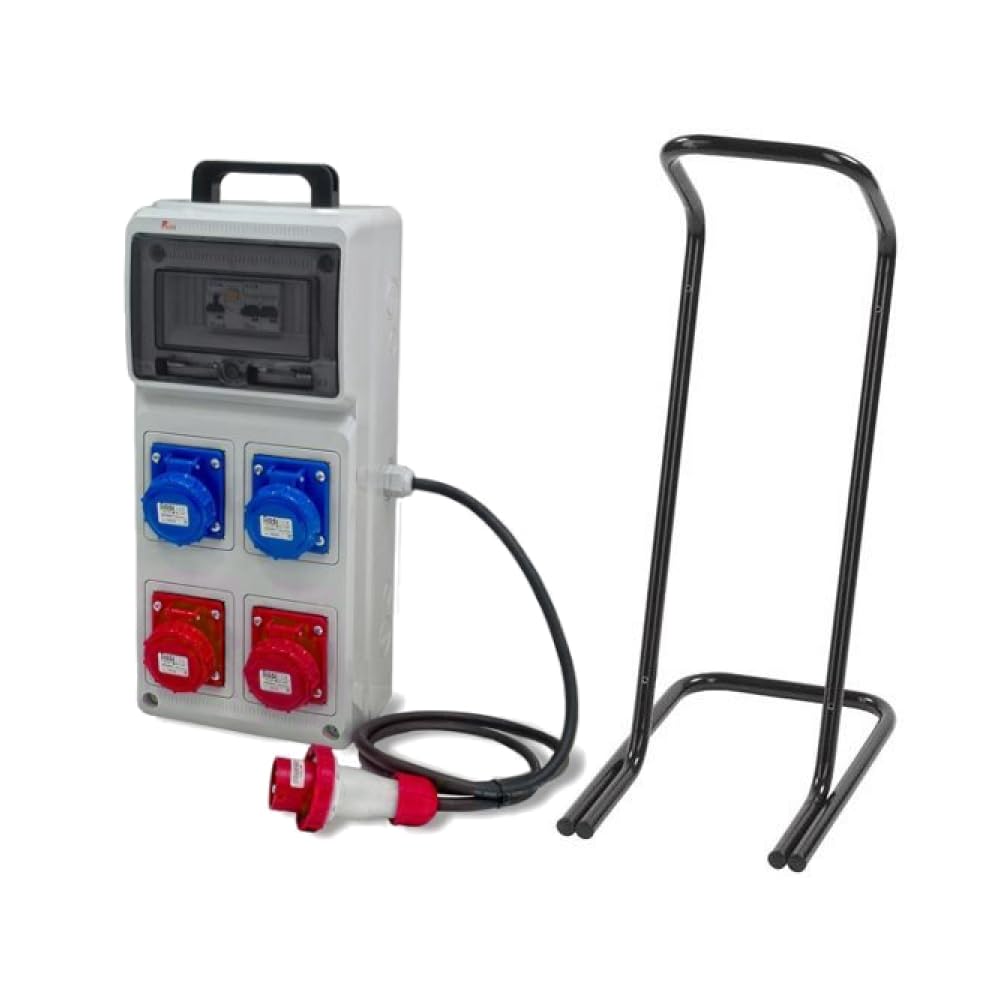 Quadro ASC portatile, 3KW 230V/9KW 400V, IP65, 2 prese 2P+T 16A e 2 prese 3P+T 16A, spina 3P+N+T 16A, con magnetotermico differenziale, pulsante di emergenza e cavalletto - Rosi 2243C