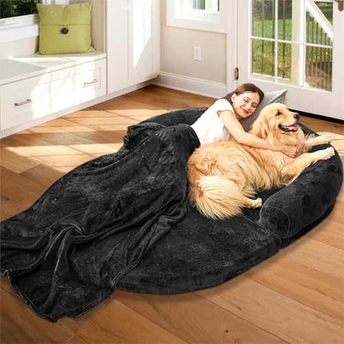 Yescool Human Dog Bed for Adult People - Giant Foldable Adjustable Pet Bed With Memory Foam, Fluffy Faux Fur Orthopedic Bean Bed for Large Dogs - Includes Black Blanket