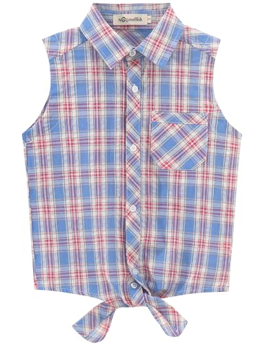 Image of Noomelfish Girls Sleeveless Button Down Shirt Tie Knot Blouse Western Cowgirl Outfit (5-12 Years)