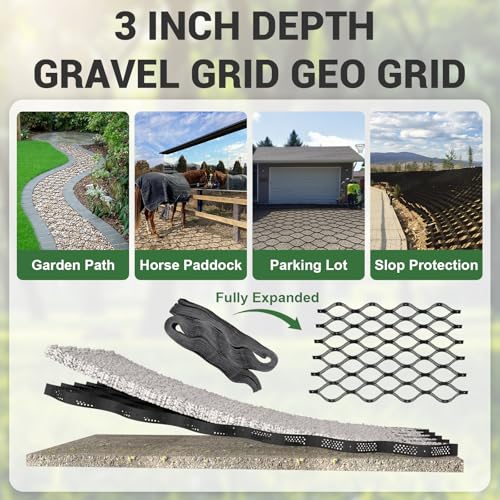 Gravel Grid 9x34 FT with 20Pcs Landscape Staples, 3'' Thick Geogrid Ground Grid 2200 lbs per Sq Ft Erosion Control Geo Grid for Driveway, Walkway, Horse Paddock, Patio, Parking Lot, Slope by LXVOOEE - Image 8