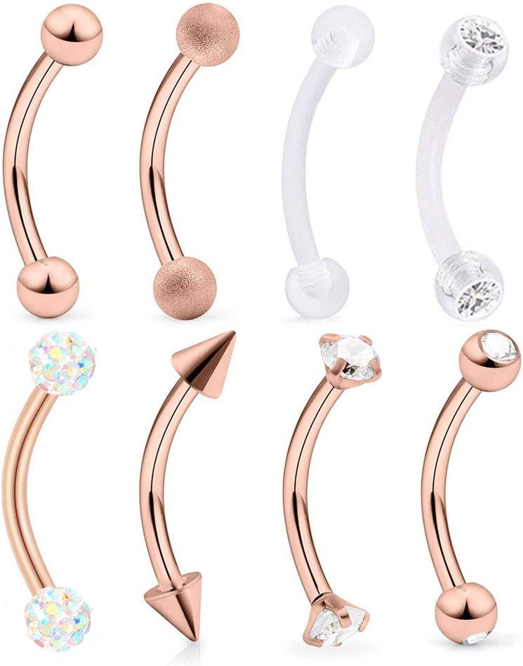 AceFun Curved Barbell 16 Gauge Clear Acrylic Bioflex & Surgical Steel Tragus Eyebrow Belly Ring with Crystal Gem/Spike/Ball Top Piercing Jewelry Retainers 8mm