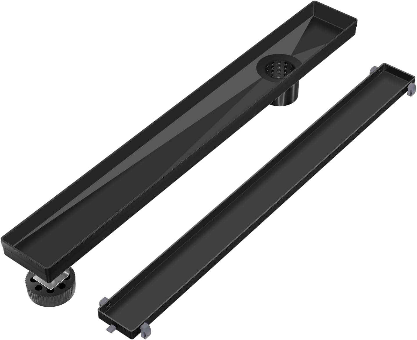 EXF Offset Linear Shower Drain 24 Inch Matte Black with Reversible Flat & Tile Insert Cover, Stainless Steel Rectangle Shower Floor Drain with Hair Catcher, Adjustable Feet