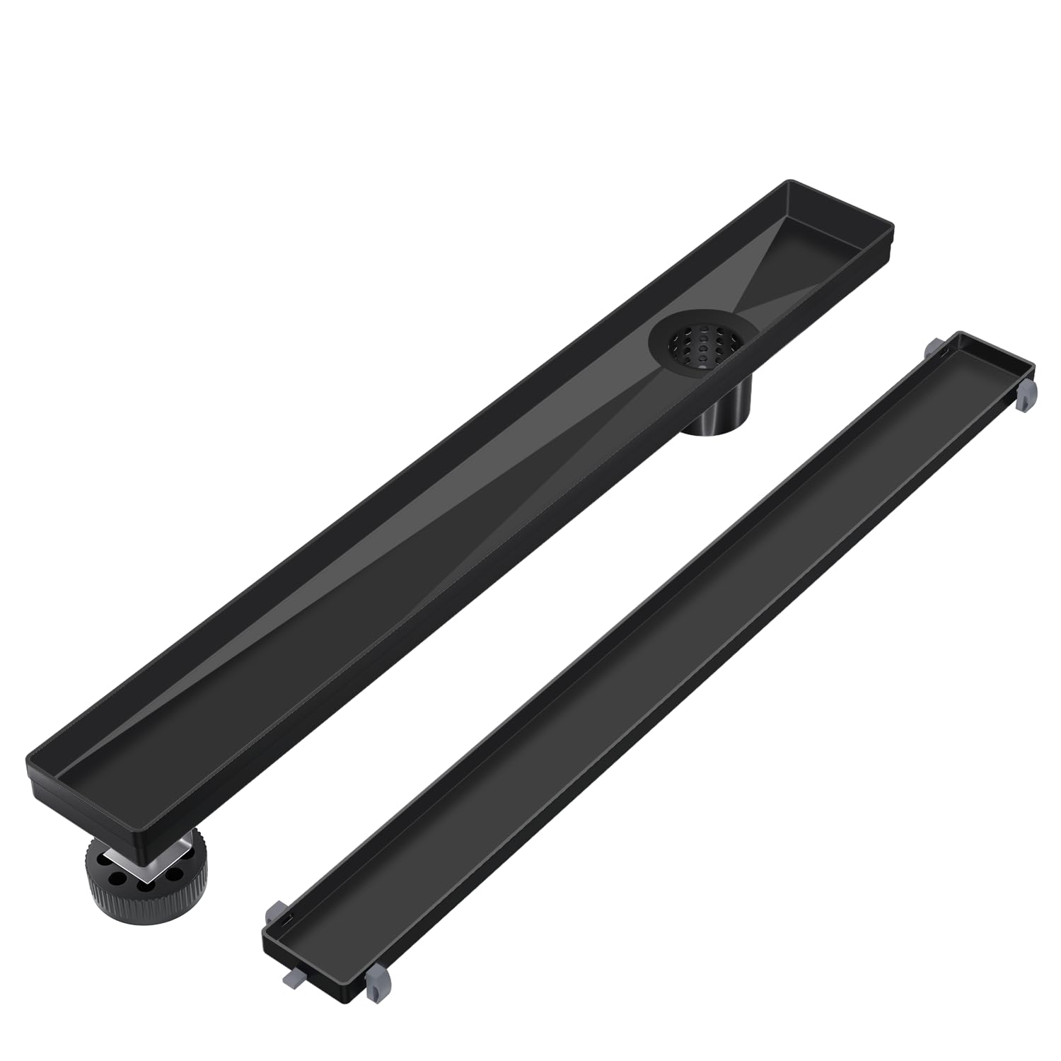 EXF Offset Linear Shower Drain 24 Inch Matte Black with Reversible Flat & Tile Insert Cover, 304 Stainless Steel Rectangle Shower Floor Drain with Hair Catcher, Adjustable Feet