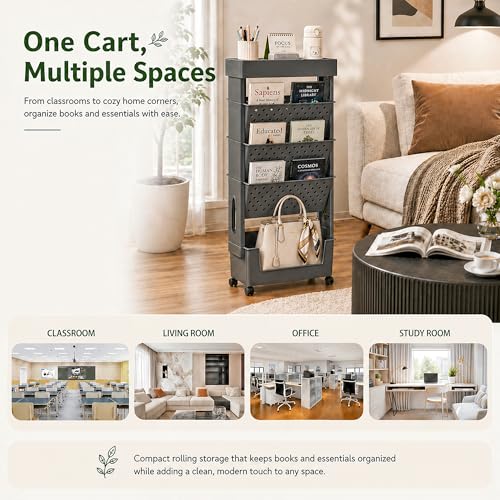 Image of BYFU 5-Tier Movable Bookshelf Cart, Rolling File Paper Storage Organizer Mobile Bookcase with Wheels for Home Office Study Classroom, Black