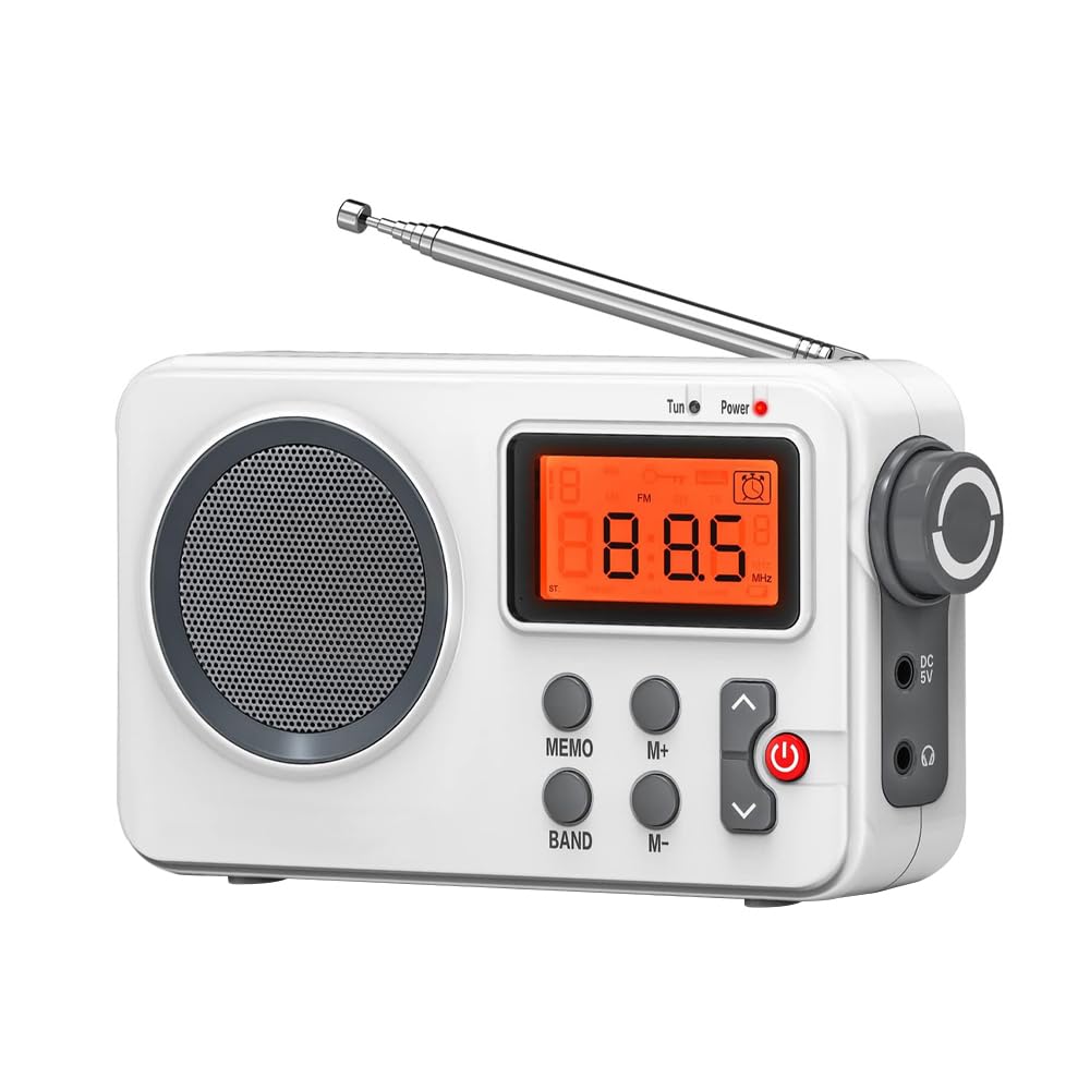 Radio multifunción: Receptor Mundial Am FM a batería con Pantalla Grande, función de temporización, Reloj Despertador, Fuente de alimentación USB y Radio a transistores en Color Blanco