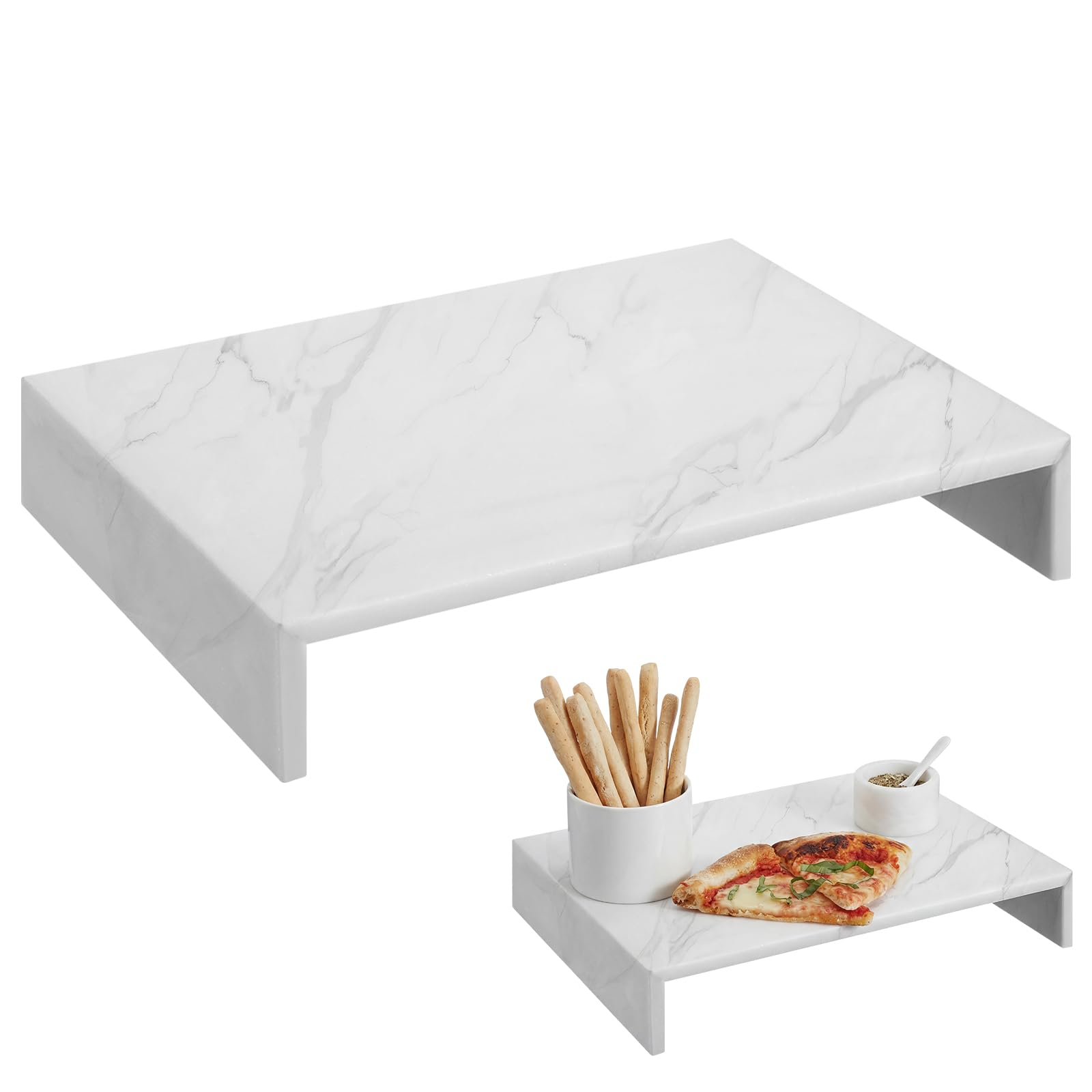 Photo 1 of Teecyhooo Large Marble Tray Charcuterie Cheese Marble Cutting Boards Display Table Riser Footed Stand 14" L x 10" W x 2.5" H White for Kitchen Serving Vanity Decoration Elegant Gatherings Board Gift