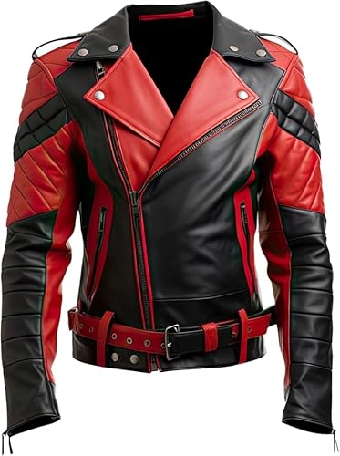 BEHWORE Mens red and black faux leather biker jacket, Asymmetric Lapel Collar Quilted Outerwear Jacket for mens (US, Alpha, Large, Regular, Regular, Mens red and black faux leather biker jacket)