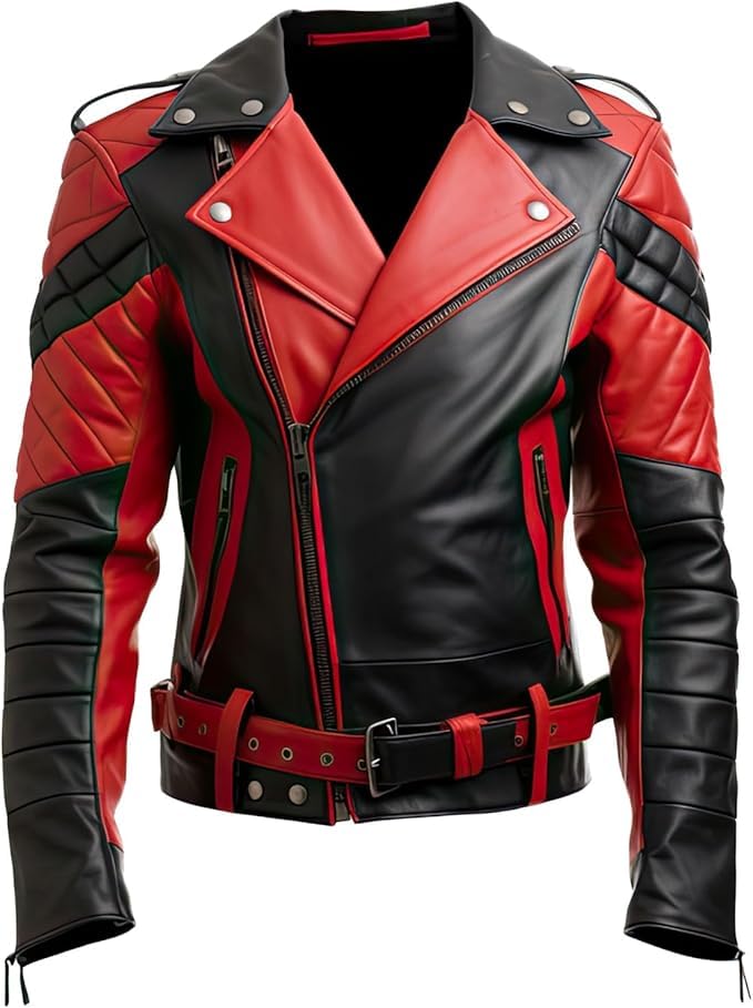 Mens red and black faux leather biker jacket, Asymmetric Lapel Collar Quilted Outerwear Jacket for mens
