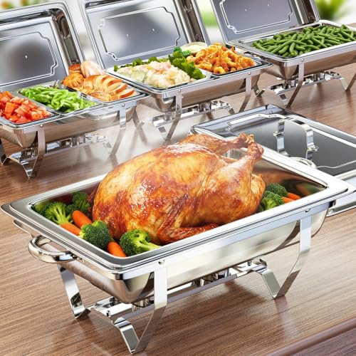 Chafing Dish Buffet Set, 8QT Chafing Dishes for Buffet 4 Pack 7 Pans, High Grade Stainless Steel Chafers and Buffet Warmers Sets for Parties, Wedding, Birthday, Rolled-Edge Design with Silver